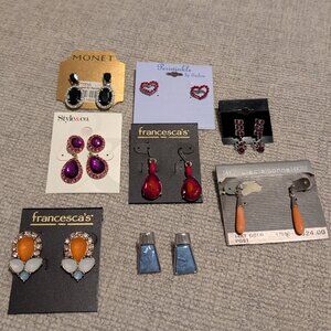 Lot of 8 pairs of earrings - drop earrings, blue squares, and red hearts